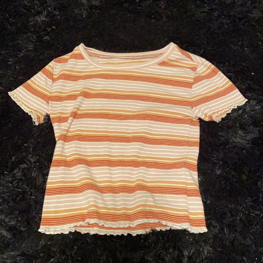 Pink, red, and orange striped shirt